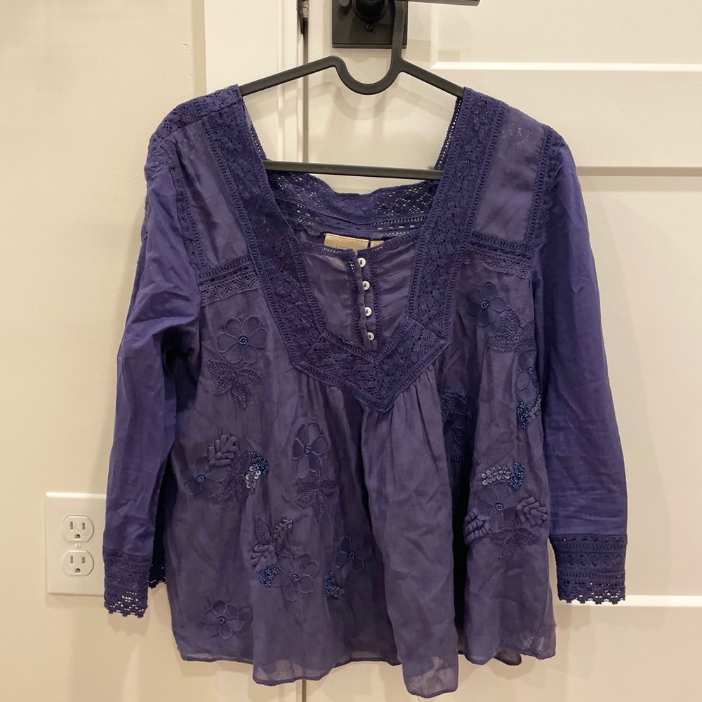 Beautiful Women's Anthropolgie VanessaVirginia Blue Embroidered Top Size 8
